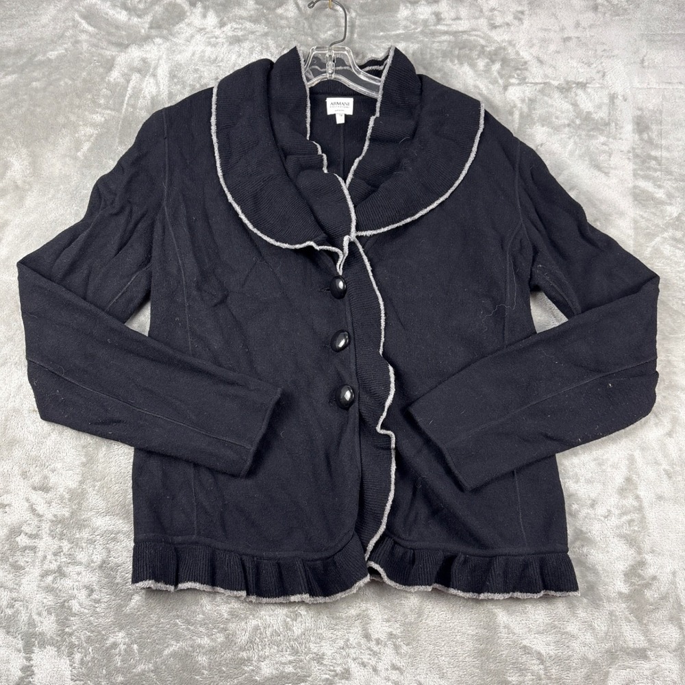 Armani Collezioni Black Wool Ruffle Shawl Collar Cardigan Sweater Italy‎ Size 14